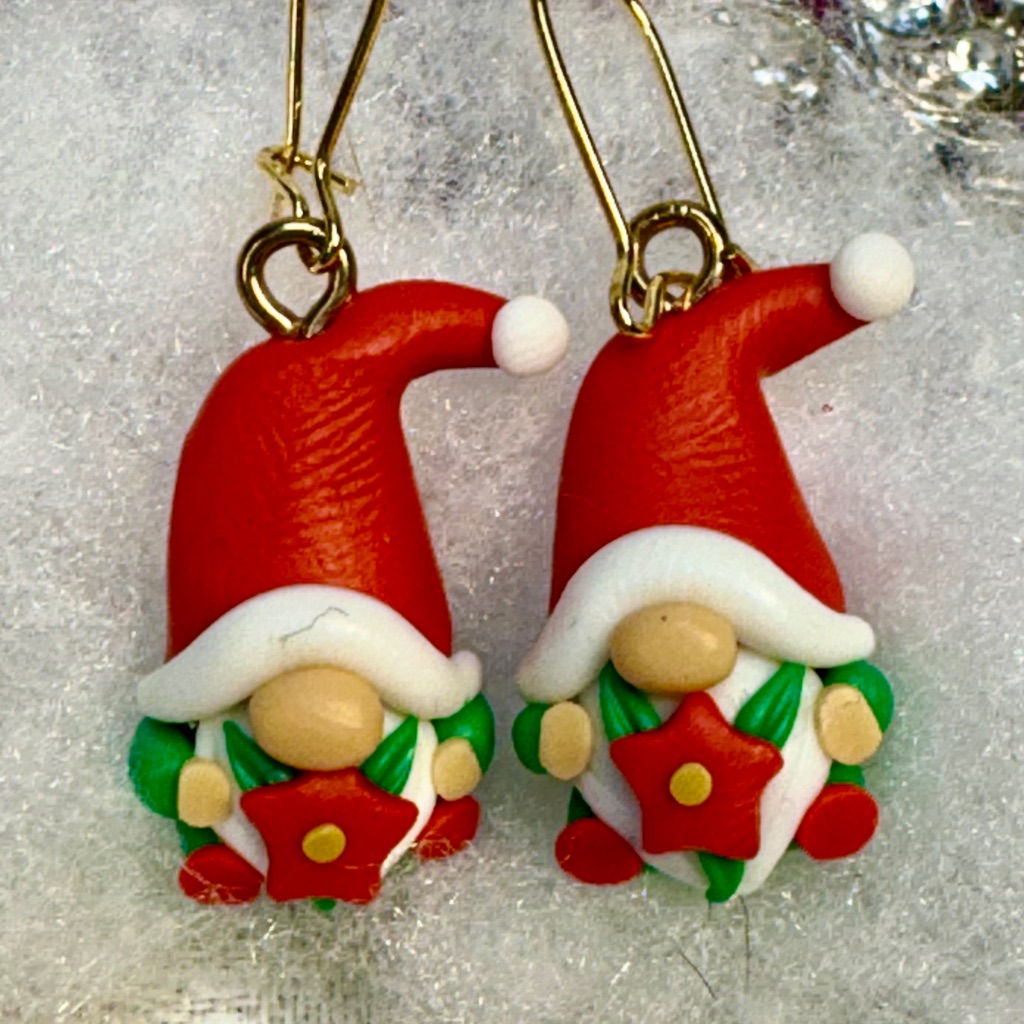 Handcrafted Women Earrings Pierced Winter Holidays Gift Troll Carrying A Flower